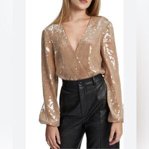 Bardot verona sequin long sleeve bodysuit nude